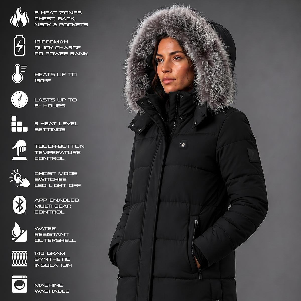 ActionHeat Pro Series+ Bluetooth Women's Long Puffer Heated Jacket ActionHeat Pro Series+ Bluetooth Women's Long Puffer Heated Jacket