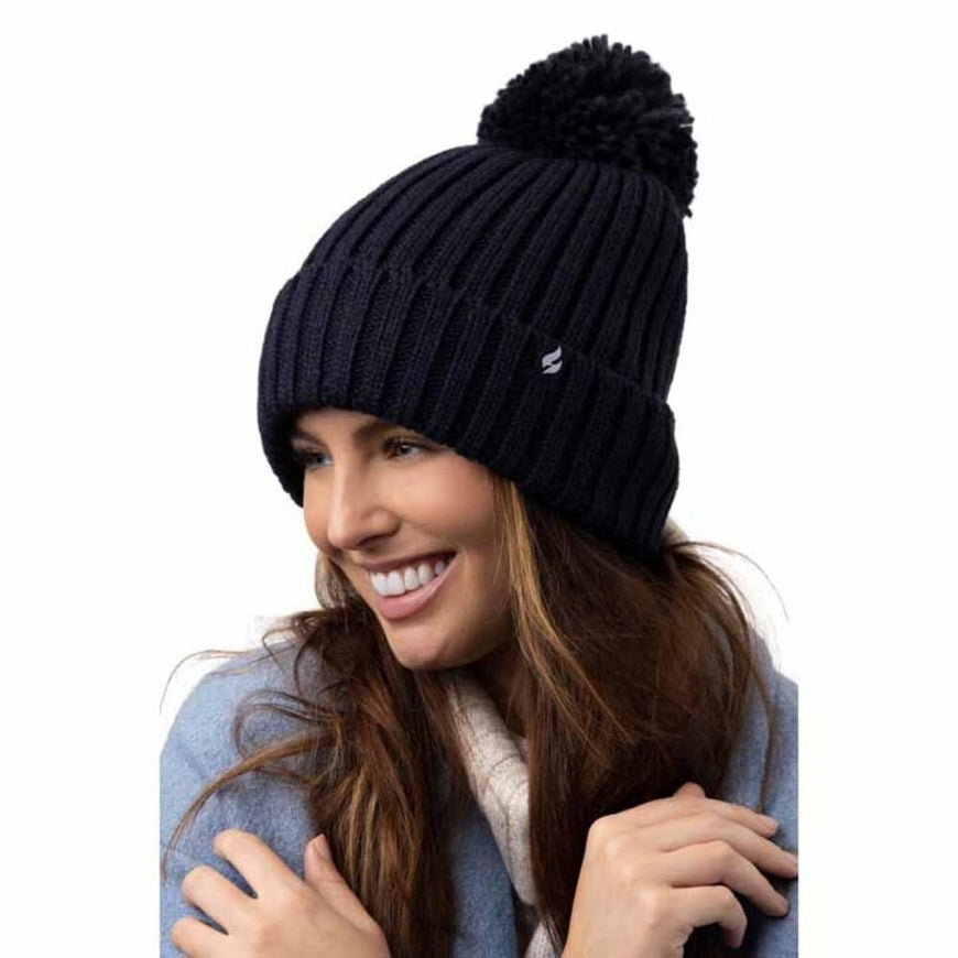 Heat Holders Women's Arden Ribbed Knit Roll Up Hat with Pom Pom (Grey)
